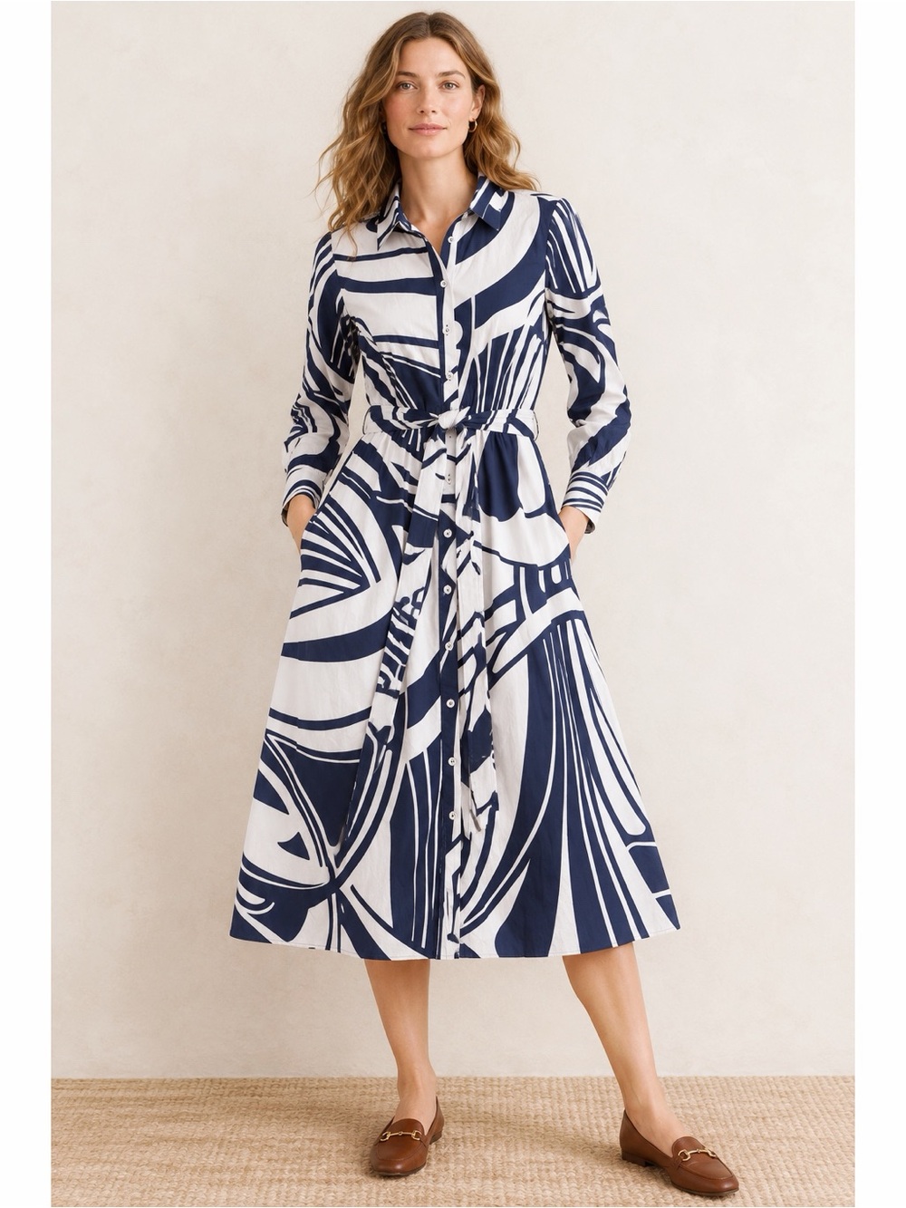 Boden Navy and White Printed Button-Front Midi Dress